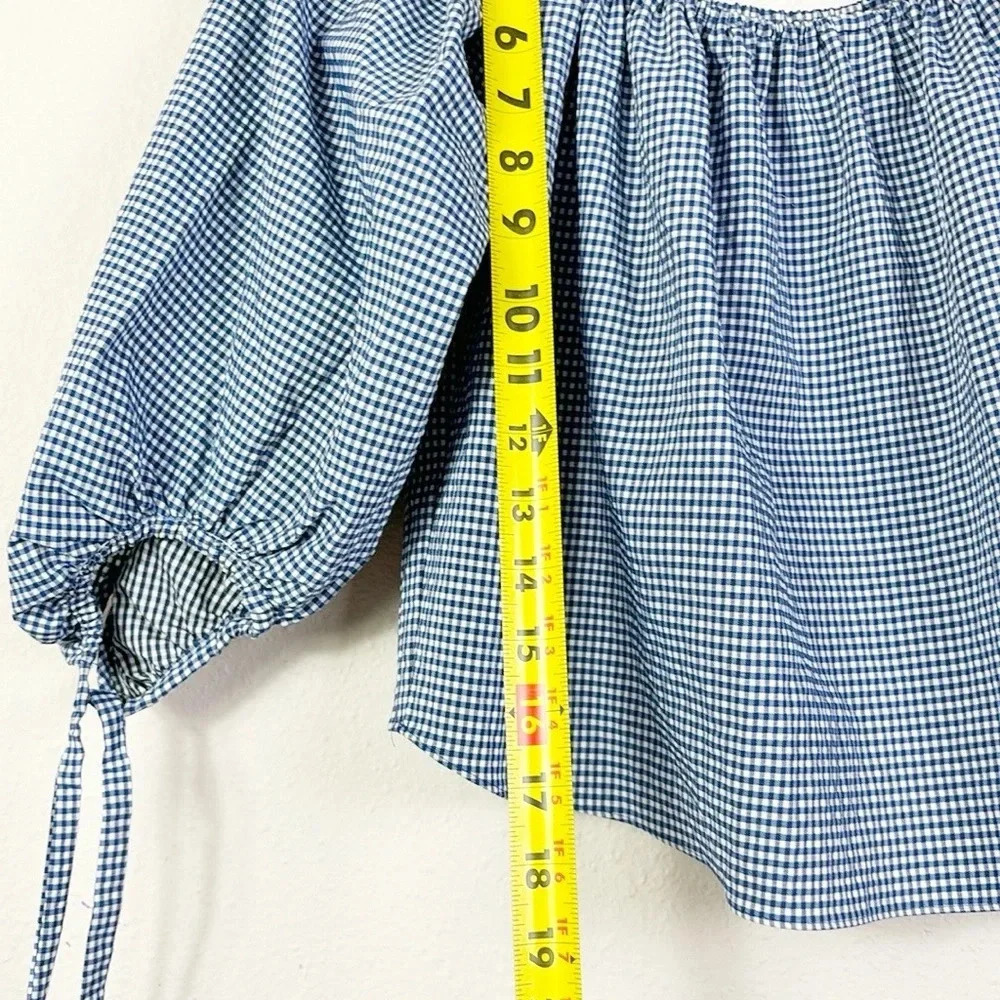Zara Gingham Checkered Blue White Off Shoulder Cropped Top Tie Sleeves size XS - Picture 8 of 10